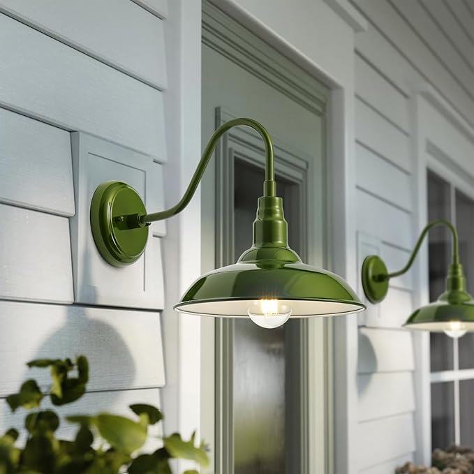 2 Pack Outdoor Gooseneck Barn Light with 14 Inch Dome, Farmhouse Exterior Wall Lights for Porch, Olive Green Patio | Lumora