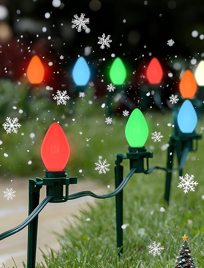 C7 Vintage Christmas String Lights with 27 Multicolor Ceramic Bulbs, 25FT Retro Outdoor String Lights for Christmas Tree Patio Garden Roofline Decoration (Green Wire)