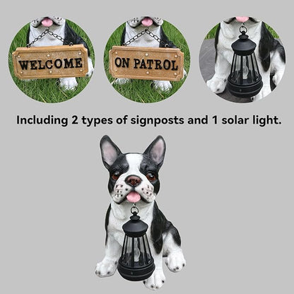 Outdoor French Bulldog Dog Statue with Interchangeable Welcome Sign and Detachable Solar Lantern –LED Light Garden Dog Sculpture Décor, Cute Puppy Design for Yard, Porch, Gift