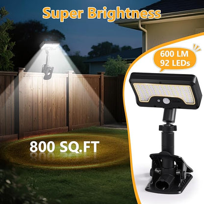 Clip On Solar Lights Outdoor with Motion Sensor, 360°Rotatable & Vertically Adjustable Solar Fence Lights with 92 LEDs (600 LM, 6000 K),IP65 waterproof Security light for deck, Gutter, Camping(4 Pack)