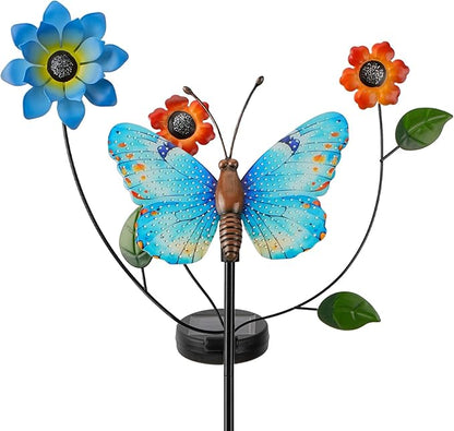 Solar Butterfly Garden Lights, 2 Lighting Modes, Colorful LED with Flower & Butterfly Decor, Waterproof Solar Stake Lights for Garden Yard Patio Lawn Pathway (Blue)