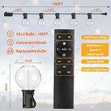 100FT LED Outdoor String Lights with 3 Color Lights, Dimmable String Lights for Outside with Remote, G40 Globe | Lumora