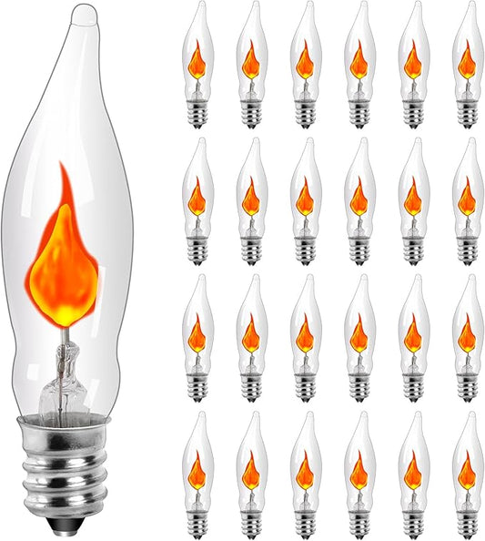 25-Pack Flickering Flame Light Bulbs, E12 Candelabra Base for Halloween & Christmas Decor, C18 Spooky Flame Effect for Porch Lights, Lanterns, Chandeliers & Themed Parties