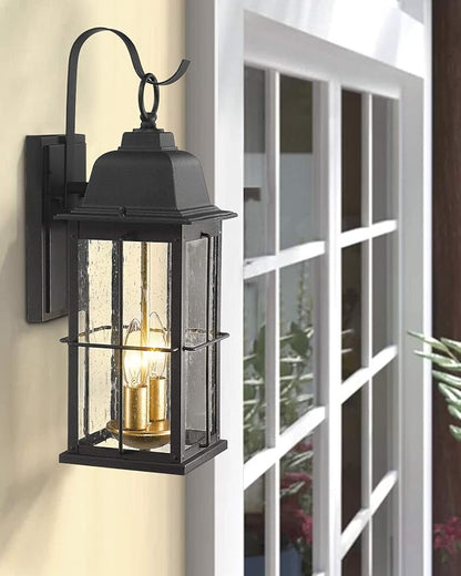 Zeyu Exterior Porch Light Fixtures, 17 inch Outdoor Wall Sconce for House in Black and Gold Finish with Seeded Glass Shade, 20071B2