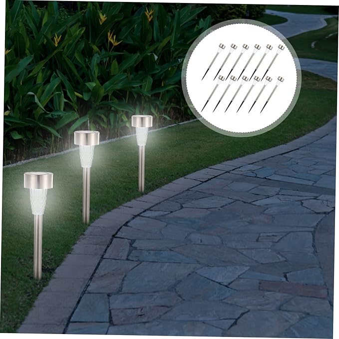 Happyyami 12pcs Solar Powered Stainless Steel Pathway Lights Outdoor Landscape Lighting Kit for Patio Garden Bright White LED Solar Garden Lights