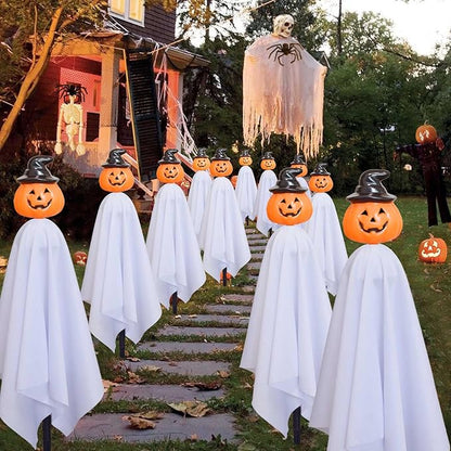 Homeleo Set of 4 Solar Pumpkin Ghost Lights for Halloween Decorations Outdoor, Light up Floating Scary Ghosts Pumpkins Witch Hat Stake Lights for Porch Yard Outside Pathway Halloween Party Decor