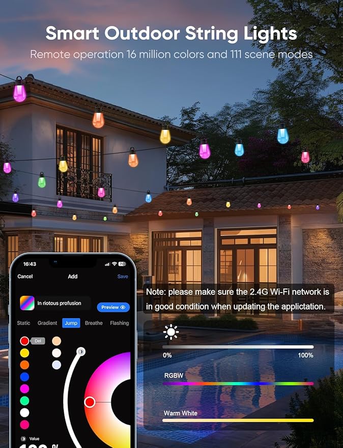 APPECK Smart Outdoor String Lights, 100ft RGBW Outdoor Patio Lights with 30 LED Bulbs, Extendable, 111 Scene Modes, IP65 Waterproof Lighting for Outside, Halloween Decor, Compatible with Alexa