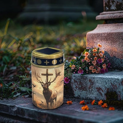 Poceacles 4 Pack Cross Solar Lights Cemetery Solar Lights for Grave Solar Candle Solar Lantern Light Walkway Lights Waterproof Landscape Lighting for Loss of Loved One, Deer Cross Dove of Peace Brown
