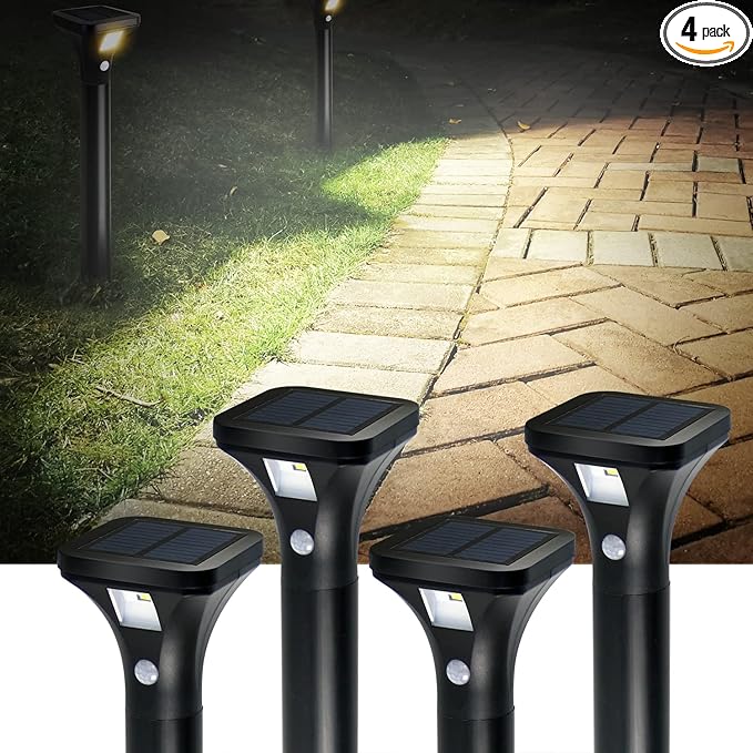 Solar Outdoor Lights with Motion Sensor – Waterproof LED Pathway Lights for Yard, Garden, Walkway, Driveway – Auto On/Off, Easy Installation (4 Pack)