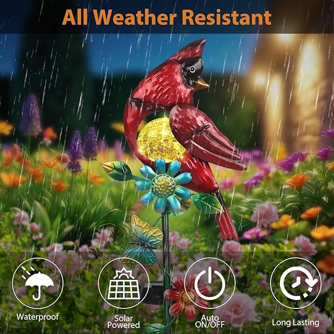 Caridnal Decor Solar Garden Stakes Outdoor Decorative Waterproof 2 Pack Metal Garden Sculpture Cardinal Solar Lights for Outside Lawn Yard Patio Cemetery Red Bird Gardening Gifts for Women
