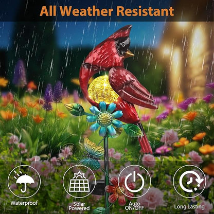 Cardinal Decor Solar Garden Stakes Outdoor Decorative Waterproof Metal Garden Sculpture Cardinal Solar Lights for Outside Lawn Yard Patio Cemetery Decoration Red Bird Gardening Gifts for Women