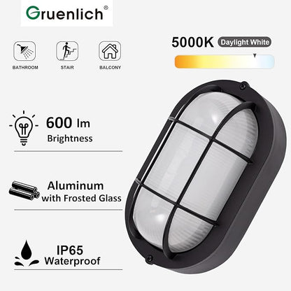 GRUENLICH LED Bulkhead Light, Flush Mount for Wall or Ceiling, 6W 600 Lumen, Dimmable 5000K Daylight White, Aluminum Housing, Water-Proof for Outdoor, Black Finish 1-Pack