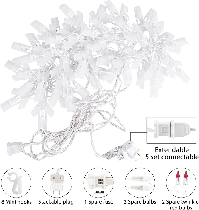 Minetom Snowflake Christmas String Lights with 6 Drops - 9ft 100 Mini Bulb Icicle Lights with Hooks, Plug-in Connectable Hanging Lights for Christmas Home Indoor Outdoor Wedding Holiday Décor