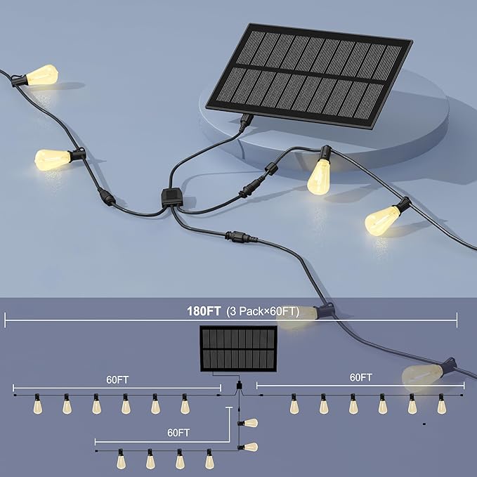 Stright Solar Powered String Light 180FT with Remote Control 8 Light Modes, Weatherproof Shatterproof ST38 LED Bulb, Total 45 Sockets, 1 to 3 Splitter cord String Lights (End to End 60FT, Total 180FT)