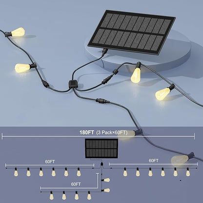 Stright Solar Powered String Light 180FT with Remote Control 8 Light Modes, Weatherproof Shatterproof ST38 LED Bulb, Total 45 Sockets, 1 to 3 Splitter cord String Lights (End to End 60FT, Total 180FT)