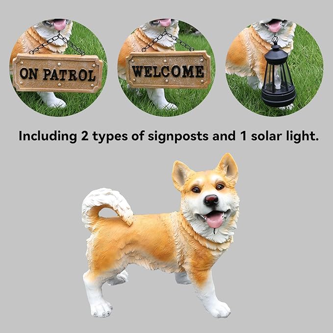 Outdoor Husky Dog Statue with Interchangeable Welcome Sign and Detachable Solar Lantern –LED Light Garden Dog Sculpture Décor, Cute Puppy Design for Yard, Porch, Gift