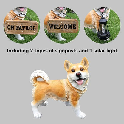Outdoor Husky Dog Statue with Interchangeable Welcome Sign and Detachable Solar Lantern –LED Light Garden Dog Sculpture Décor, Cute Puppy Design for Yard, Porch, Gift