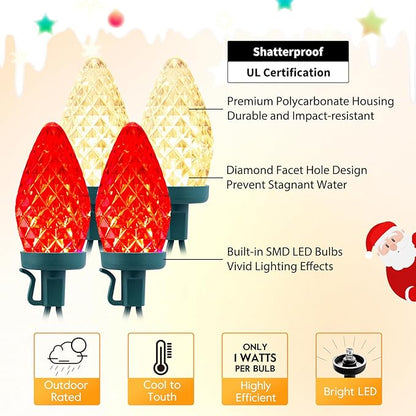 Brightown C9 LED Christmas String Lights, 2 Pack Total 132ft 200LED Outdoor Lights String, Plug-in Connectable Waterproof Roofline Lights String for Outside Yard Christmas Holiday Decor