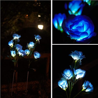 Decorman Solar Garden Rose Lights - 2 Pack Realistic Outdoor Flower Lights, Waterproof LED Stake Landscape Decorative for Garden, Lawn, Yard, Pathway, Patio, Backyard (Blue, 10 Roses)