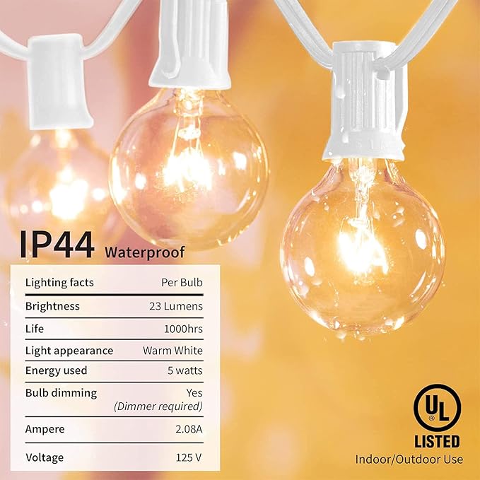 Afirst White Outdoor String Lights 50FT with 53 Glass Bulbs Waterproof Patio Lights for Wedding Home Garden Backyard Party