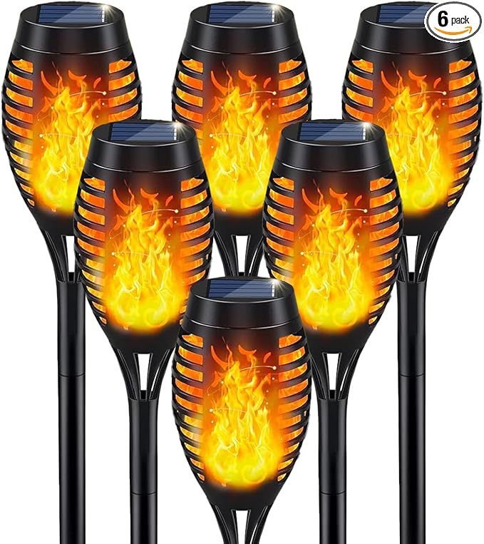 Solar Torch Lights Outdoor, IP65 Waterproof with Realistic Flickering Flame - Auto On/Off Garden Lights for Patio, Yard, Pathway, Enchanting Party Decor (6Pack)