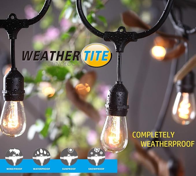 Bioluz LED Outdoor String Lights, 48' String Lights for Patio, Weatherproof with 15 Sockets with 16 Vintage LED Bulbs (1 Extra) for Porch Deck Bistro Garden Party UL Listed
