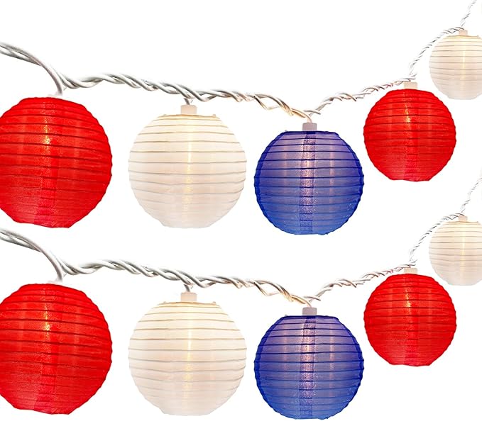 8.5FT Lantern String Lights, Red White and Blue Nylon Lanterns with 10 Mini Incandescent Bulbs, Plug in Connectable Outdoor Patio Lights for Independence Day President Memorial Day