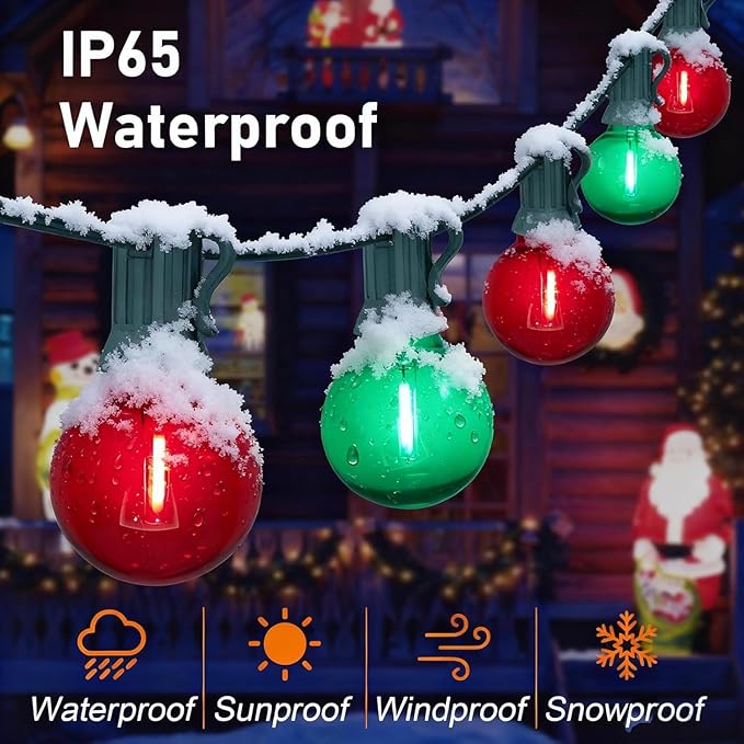 25Ft Outdoor Red/Green Christmas Lights, G40 Globe Patio String Light with 25 Shatterproof Bulbs(2 Spare), Outside Christmas Vintage Lights for Holiday Party Backyard Porch Decor, Green Wire