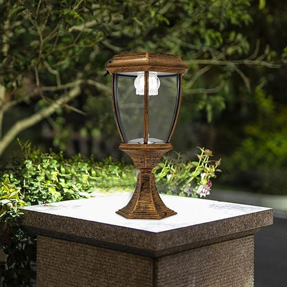 Retro Solar Powered Pillar Lights Outdoor Garden LED Lamps Bronze Aluminum Solar Lamps Waterproof LED Landscape Light Copper Fence Post Solar Lantern for Yard Patio