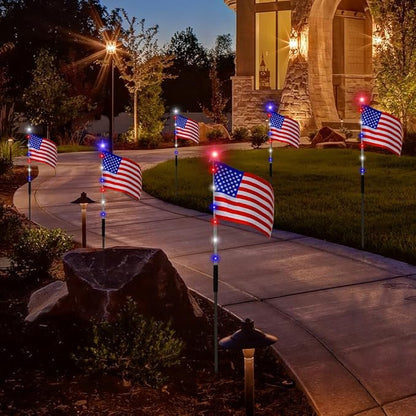 6 Flag Lights 4th of July Decorations 8 Lighting Modes, 6-in-1 American Flag Solar Lights, Memorial Day Decorations with Red White and Blue Lights for Independence Day Path Garden Decor Yard Pathway