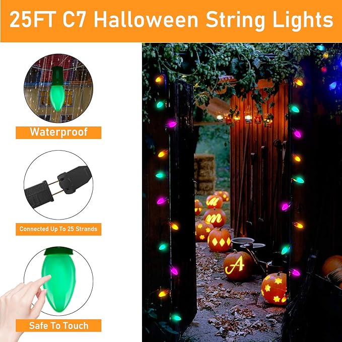 C7 LED Halloween Lights, 25FT Halloween C7 String Lights with 27 Orange Green and Purple LED Bulbs, Hanging Halloween Decoration Lights for Outdoor Indoor Patio Home Party Garden Yard-Black Wire