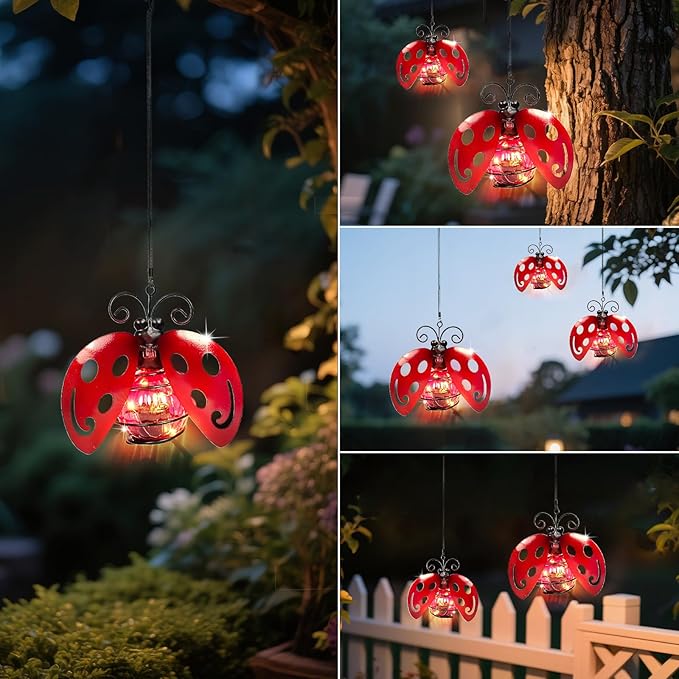 Solar Hanging Ladybug Lights LED Waterproof Powered Outdoor Garden Decor Light Unique Decorations for Sister Birthday Gardening Gifts for Mom Women Yard Path Front Porch Balcony Backyard