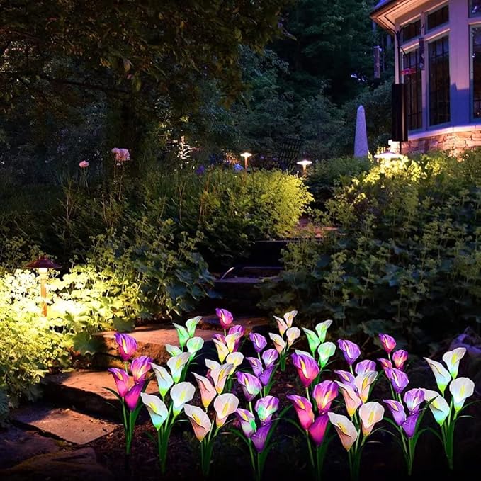 Solar Calla Flowers Garden Lights Outdoor Decorations LED Solar Lights Garden Decorative for Patio Yard Backyard Path Garden Decor Gardening Gifts, 2 Packs