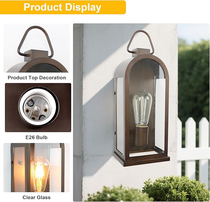 Vintage Outdoor Wall Light Fixtures (2 Pack) - Dark Brown Porch Lantern/Exterior Wall Sconce, Glass Shade, Sturdy | Lumora