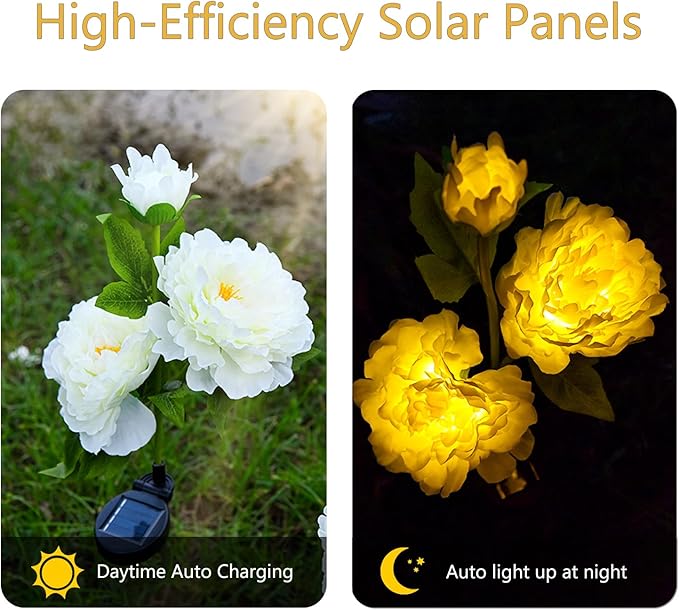 2Pack Solar Flower Lights Outdoor Garden Decor, Waterproof LED Realistic Peony Lamp, Solar Lawn Lamp for Courtyard Decoration, Garden Gifts for Women