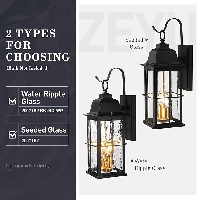 zeyu 17.2 Inch Exterior Black Light Fixture, 2-Light Outside Wall Light for House, Die-Cast Aluminum with Water Ripple Glass, Black and Gold Finish, 20071B2 BK+BG-WP
