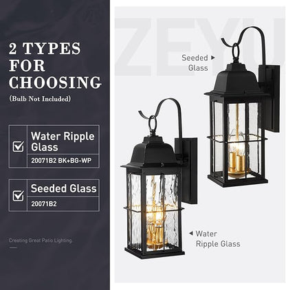 zeyu 17.2 Inch Exterior Black Light Fixture, 2-Light Outside Wall Light for House, Die-Cast Aluminum with Water Ripple Glass, Black and Gold Finish, 20071B2 BK+BG-WP