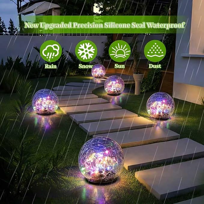 2 Pack Solar Path Lights Outdoor, Cracked Glass Globe with Light Control, IP67 Waterproof Solar Garden Lights, Warm Yellow & 4-Color LED Ball Lights for Yard, Patio, Lawn & Holiday Decor (Multicolor)