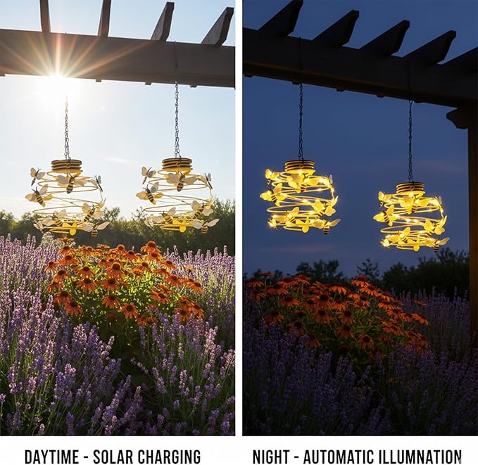 2 Pack Bee Solar Lights Outdoor Garden Decor,Bee Decorations Hanging Solar Lantern,Hanging Garden Decor for Outside Patio Yard Porch Pathway,Outdoor Gifts for Women