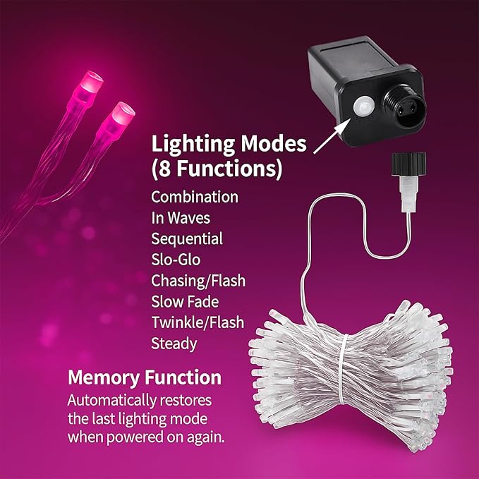 100 LED Pink Fairy Lights, 33ft Plug-in Decorative String Lights with 8 Modes for Indoor Outdoor Bedroom Wall Tree | Lumora