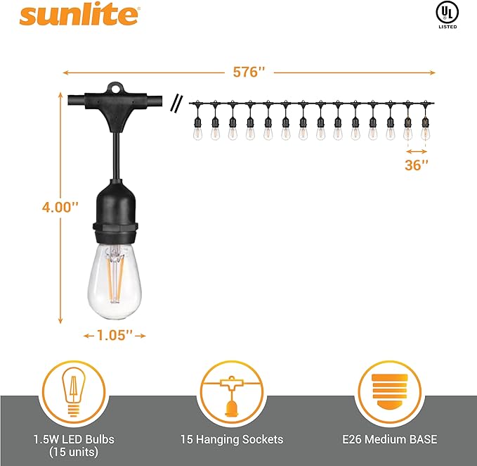 Sunlite 48ft Outdoor String Lights, 1.5W Commercial Grade, Waterproof, Linkable Strands, UL Listed, 15 Hanging | Lumora