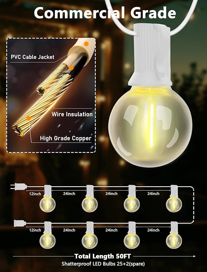 50Ft Outdoor String Lights G40 Globe Patio Lights Waterproof with 27 LED Shatterproof Globe Bulbs(2 Spare), Dimmable for Backyard Party Porch Wedding Bedroom Decor, White Wire