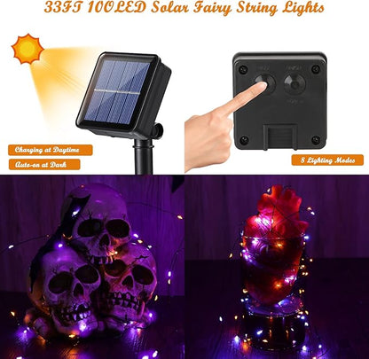 Lomotech 2 Pack Solar Lights, 33ft 100LED Orange Purple Twinkle Fairy Lights Waterproof 8 Modes Outdoor for Halloween Party DIY Decoration Black Wire