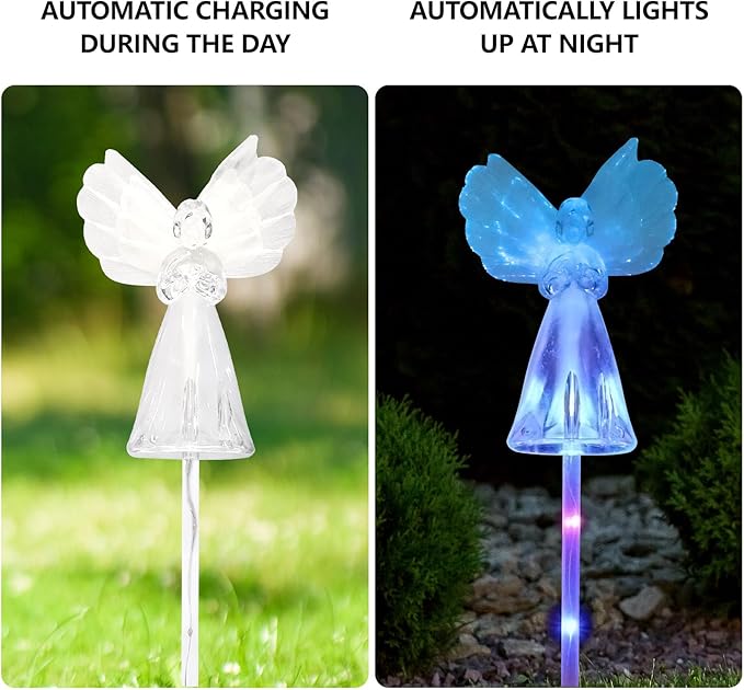 2 Pack Solar Angel Lights Outdoor, Solar Powered Color Changing Garden Stake Lights, Waterproof Memorial Decorative Lights for Cemetery Grave Yard Patio