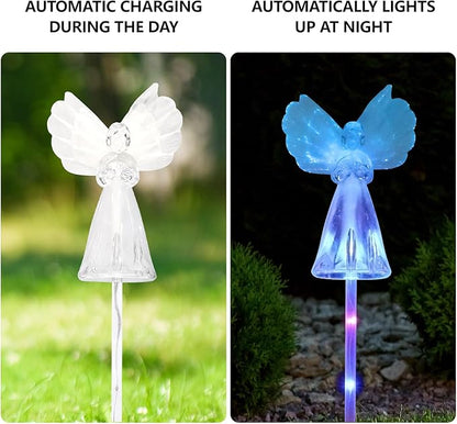 2 Pack Solar Angel Lights Outdoor, Solar Powered Color Changing Garden Stake Lights, Waterproof Memorial Decorative Lights for Cemetery Grave Yard Patio