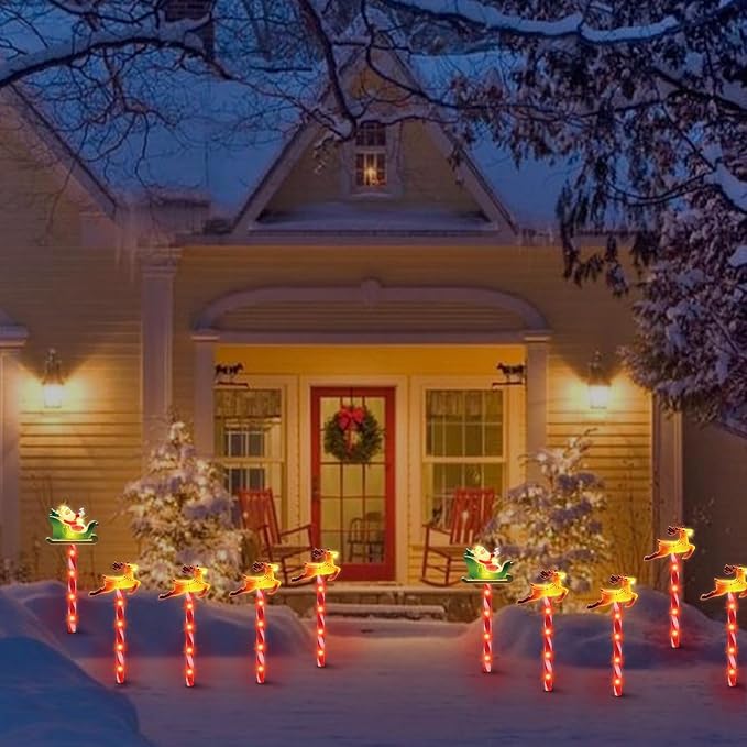 LAMPHOME Christmas Pathway Lights Outdoor, 5PCS Santa Sleigh Markers Christmas Decorations Outdoor Yard, Pathway Marker Stake Lights for Patio Ground Path Sidewalk Walkway Driveway