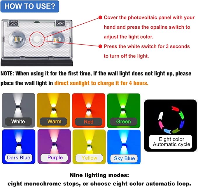 (4 Pack) Solar Wall Lights Outdoor,Warm White Colorful,Cordless,Waterproof IP65,0.6W PV Panel,Up Down Lamp Bright | Lumora