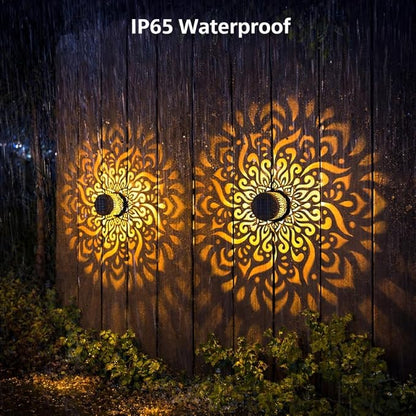 2PCS Solar Mandala Lights Outdoor, Decorative Solar Mandala Fence Lights Waterproof Metal Wall Deck Step Lights for Garden Post Patio Backyard Yard, Garden Lights Solar Powered