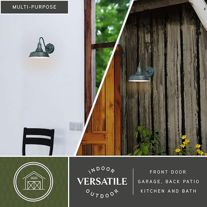 VAXCEL Dorado 9 in. H 1-Light Hunter Green and White Dusk to Dawn Sensor Farmhouse Outdoor Wall Sconce, Gooseneck Steel Shade, Dark Sky Compliant for Exterior Porch Patio Front Door or Garage