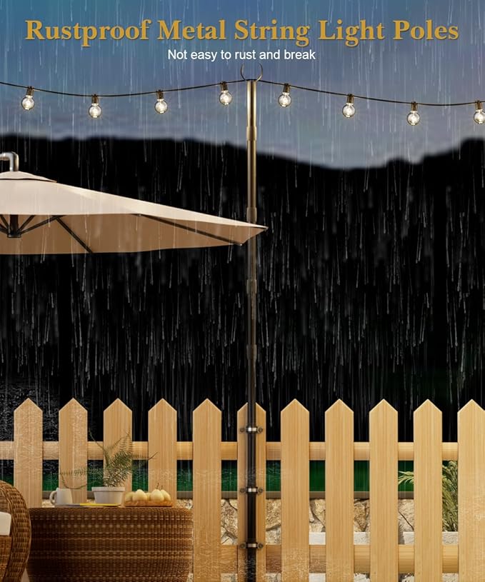 10Ft String Light Poles for Fence & Deck Railing, Outdoor Light Stand with Fence Brackets, Heavy-Duty Metal Poles | Lumora